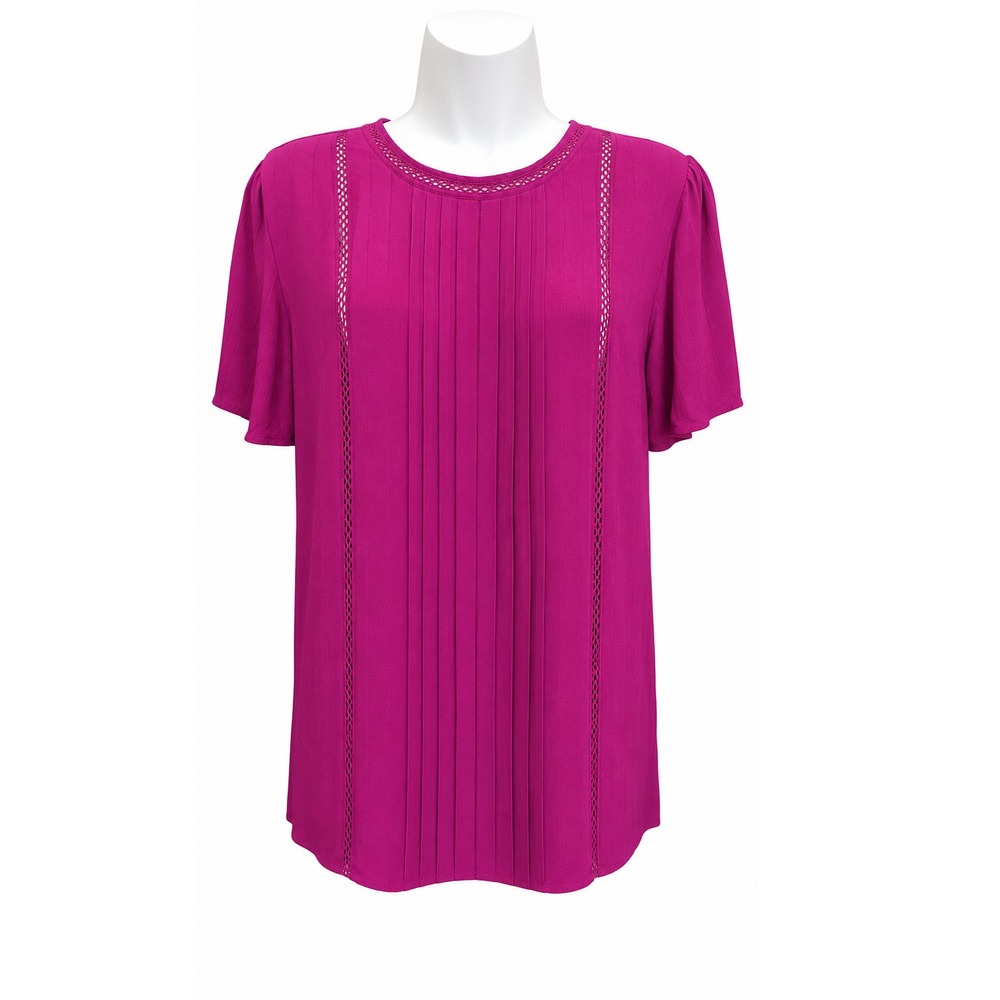 Knox Rose Magenta Pink Pintuck Crochet Lace Flutter Sleeve Blouse Womens Medium
